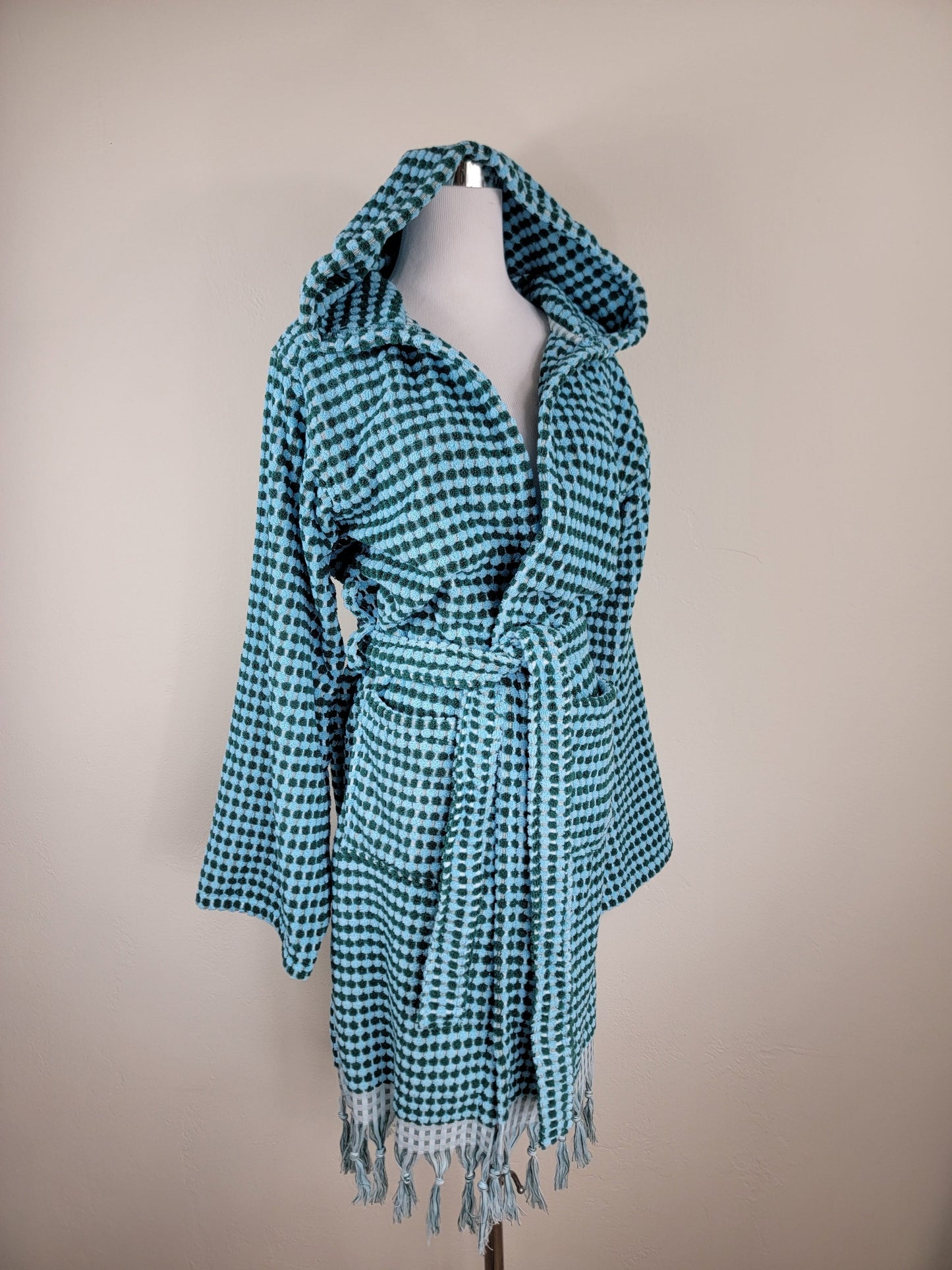 Unisex Robe, Beach Robe, Spa Robe with pockets , Blue Pom Pom Robe