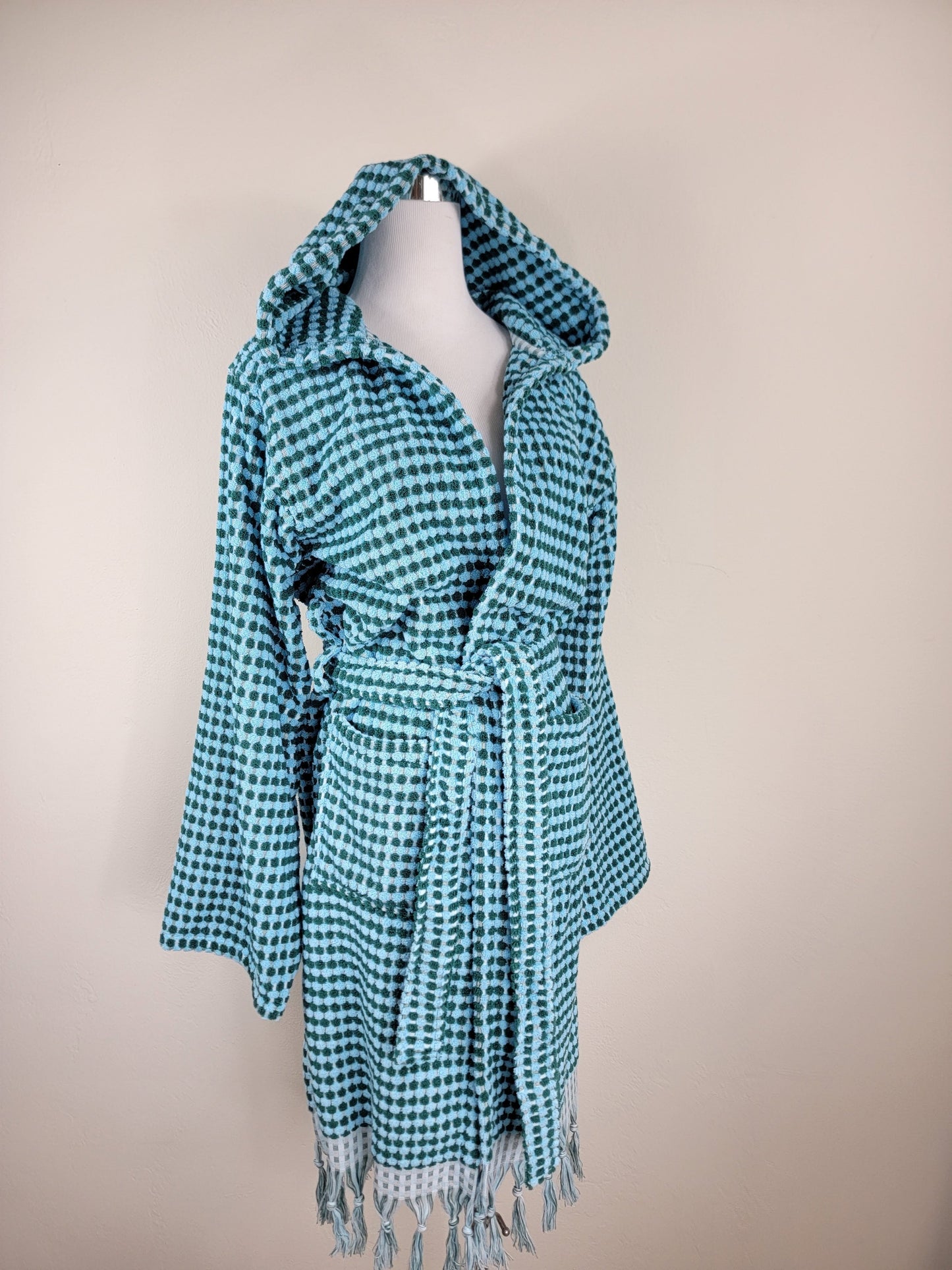 Unisex Robe, Beach Robe, Spa Robe with pockets , Blue Pom Pom Robe