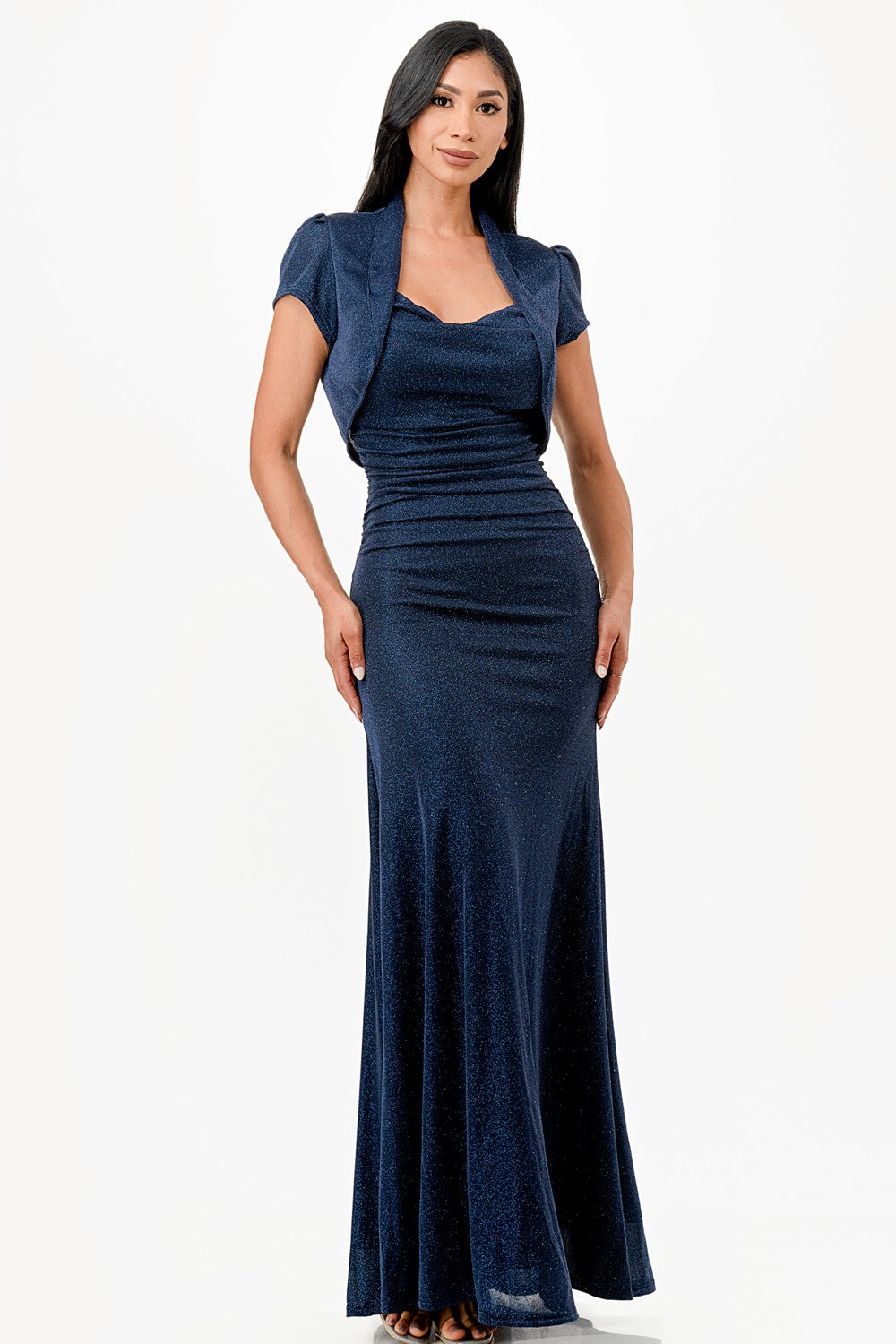 Sparking Jacquard Cowl Neck Long Dress &amp; matching cropped top shrug bolero with open front and cap sleeves