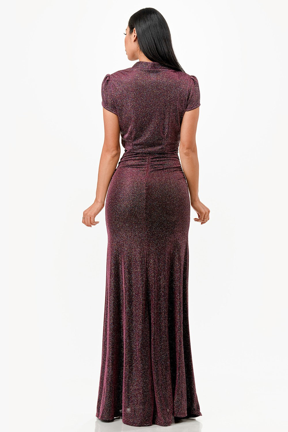 Sparking Jacquard Cowl Neck Long Dress &amp; matching cropped top shrug bolero with open front and cap sleeves