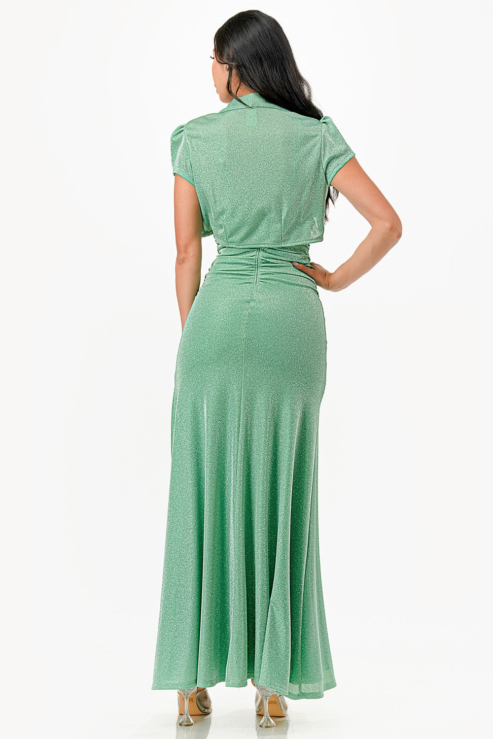 Sparking Jacquard Cowl Neck Long Dress &amp; matching cropped top shrug bolero with open front and cap sleeves