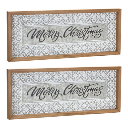 Ornate Metal Merry Christmas Sign  - Materials: Metal; wood