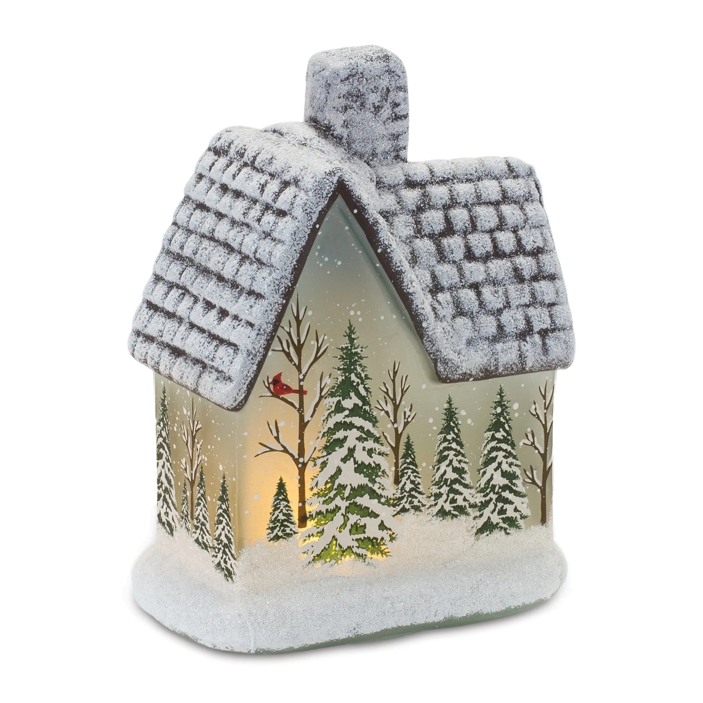 LED Lighted House with Pine Trees  - Pack Of: Set of 2 | Materials: Glass | DÃƒÂ©cor  style: Rustic
