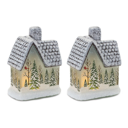 LED Lighted House with Pine Trees  - Pack Of: Set of 2 | Materials: Glass | DÃƒÂ©cor  style: Rustic