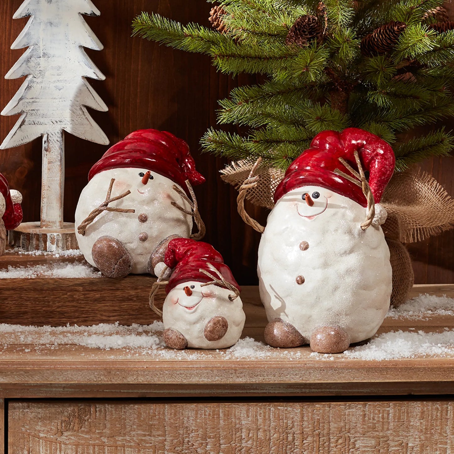 Terra Cotta Snowman with Santa Hat Figurine