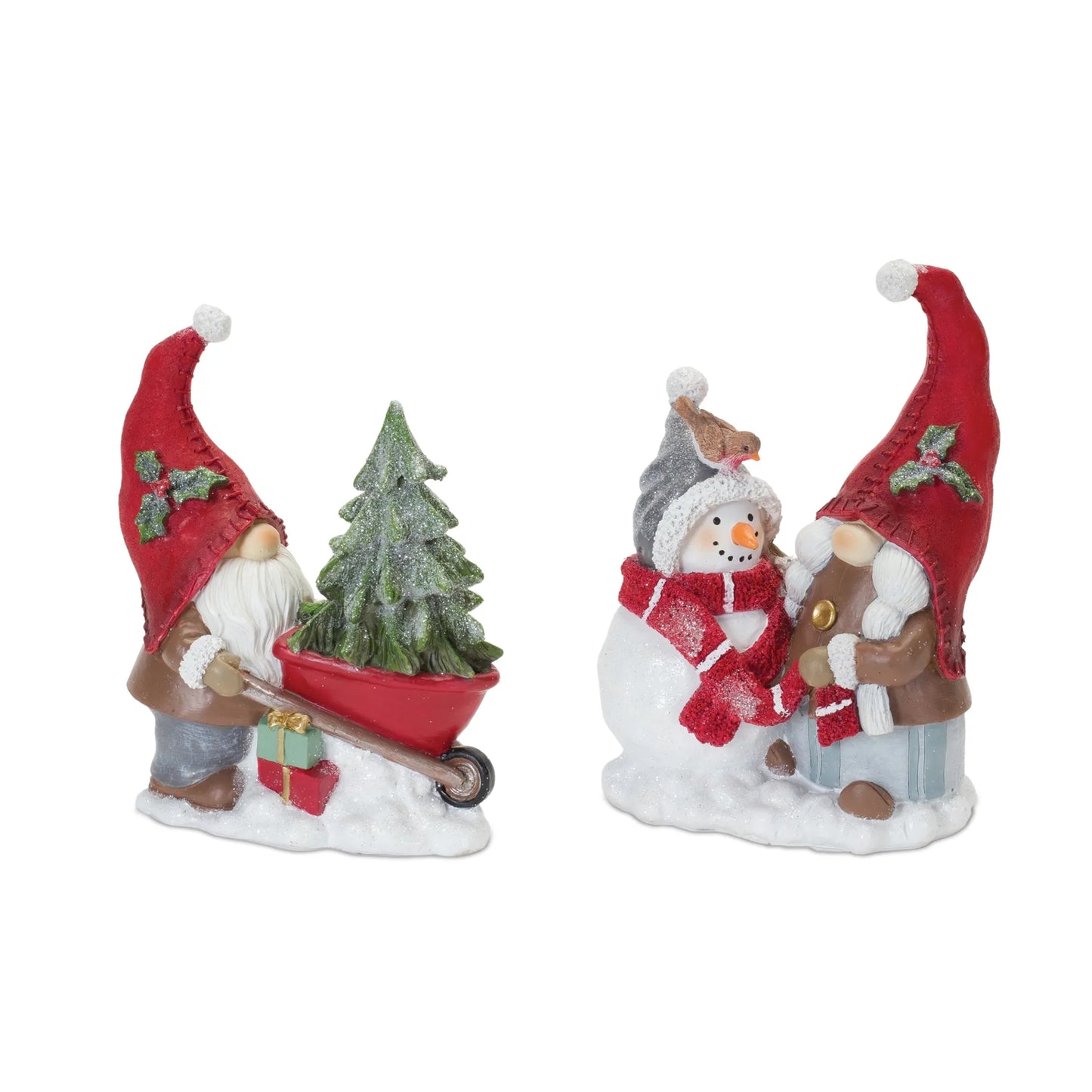 Gnome Figurine with Snowman and Pine Tree