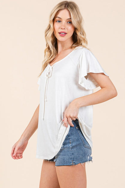 Smocked Shoulder Flutter Sleeve Top
