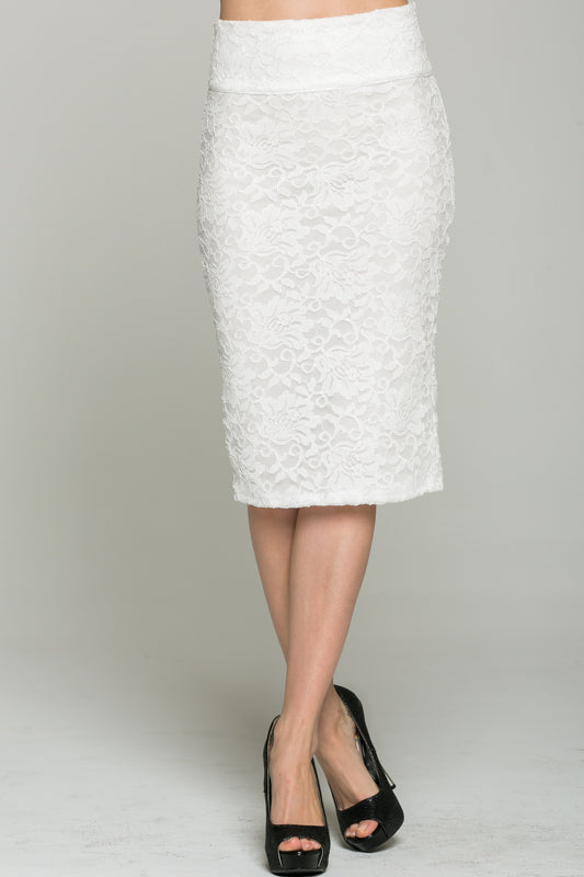 Lace, high waisted, knee length, pencil skirt with zipper back closure.