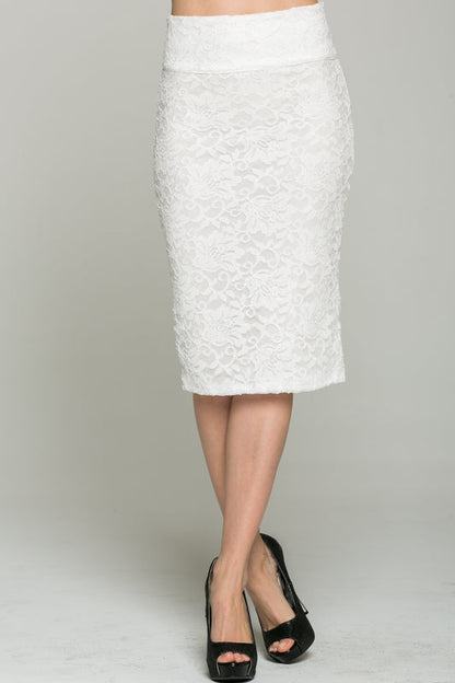Lace, high waisted, knee length, pencil skirt with zipper back closure.