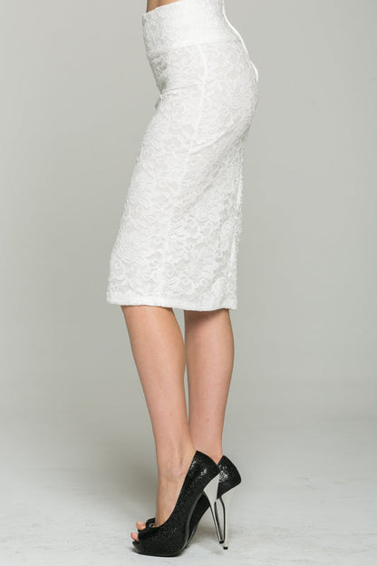Lace, high waisted, knee length, pencil skirt with zipper back closure.