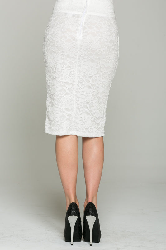 Lace, high waisted, knee length, pencil skirt with zipper back closure.