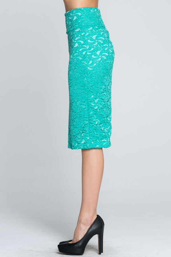 Lace, high waisted, knee length, pencil skirt with zipper back closure.