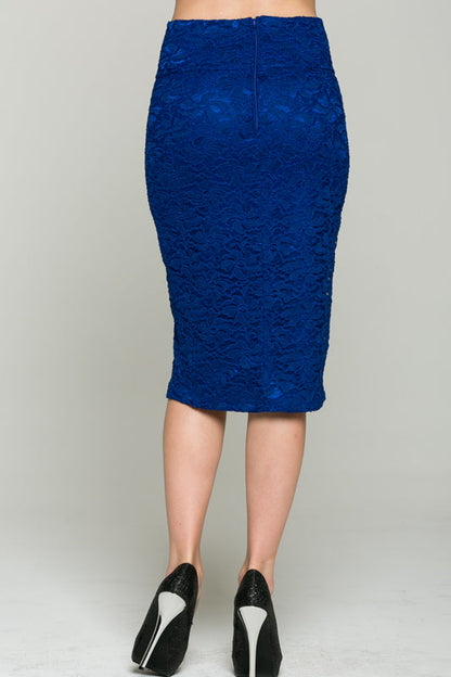 Lace, high waisted, knee length, pencil skirt with zipper back closure.