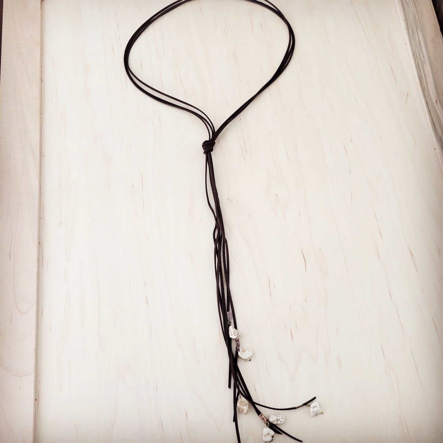 Dark Brown Rustic Knotted Leather Cord Necklace White Turquoise 263m
