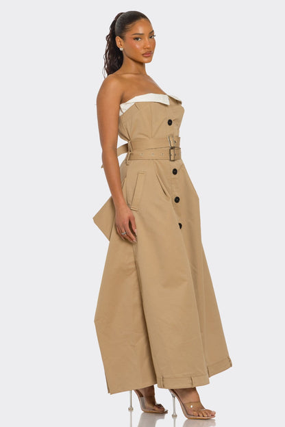 Strapless Belted Trench Maxi Dress