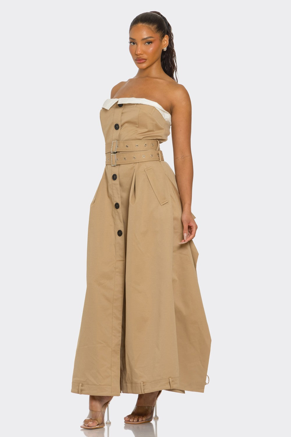 Strapless Belted Trench Maxi Dress