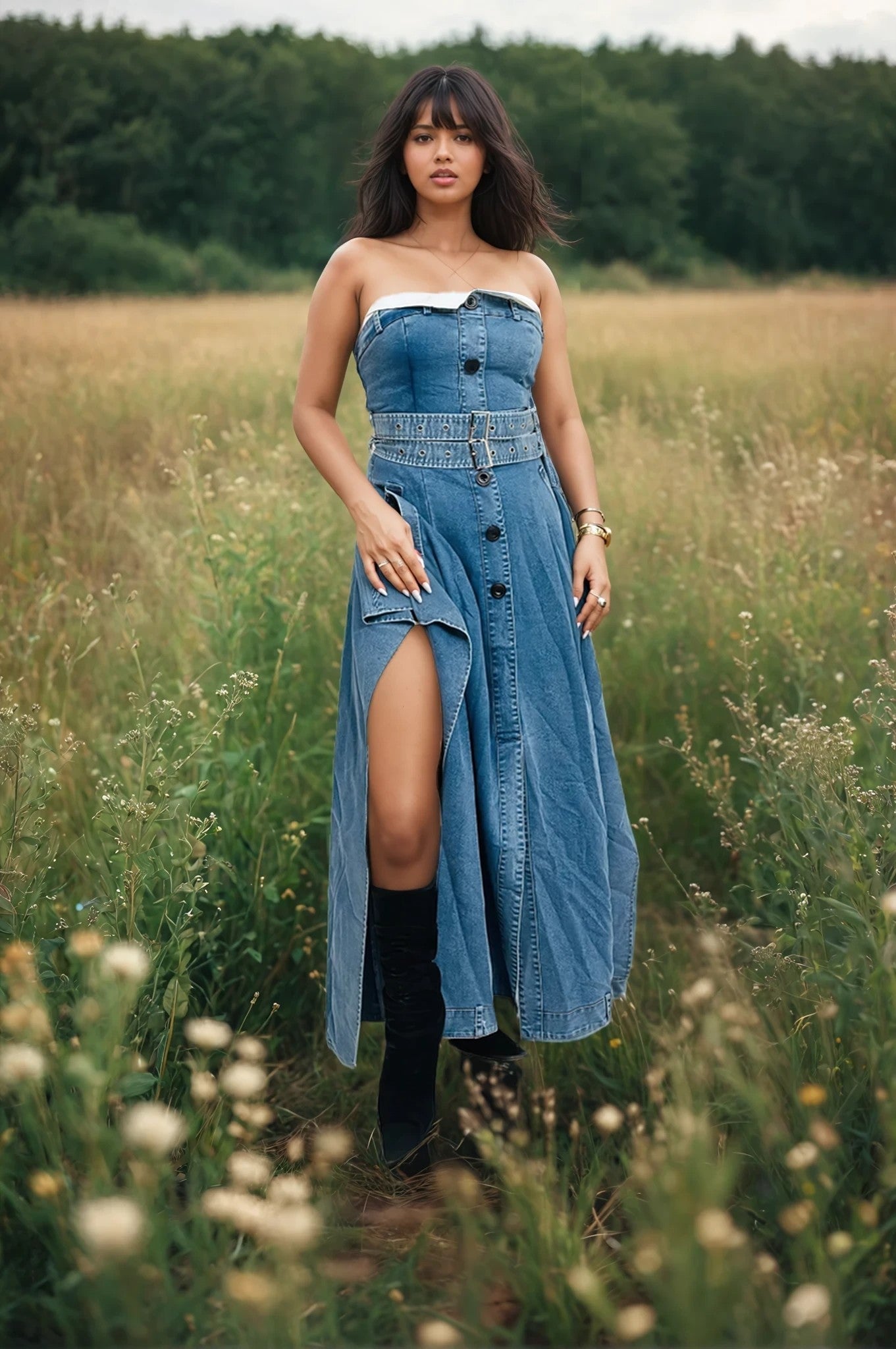 Strapless Belted Trench Maxi Dress