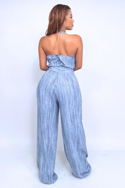 Skyline Pleated Halter Jumpsuit – Slate Blue