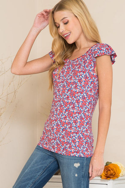 Ruffle Sleeve Ditsy Floral Top