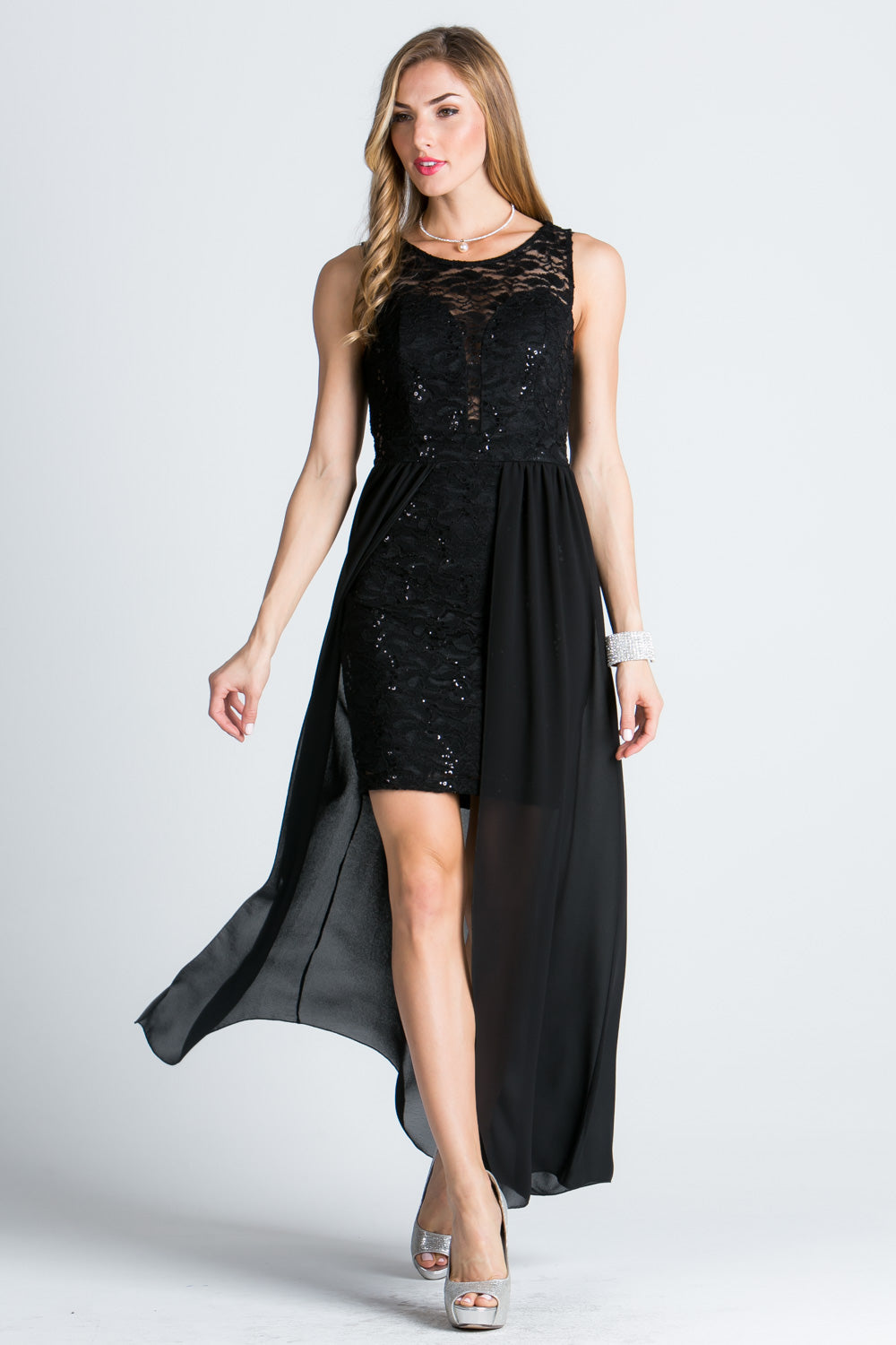 HIGH LOW OVERLAY LACE DRESS.