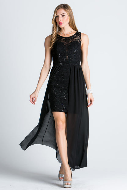 HIGH LOW OVERLAY LACE DRESS.