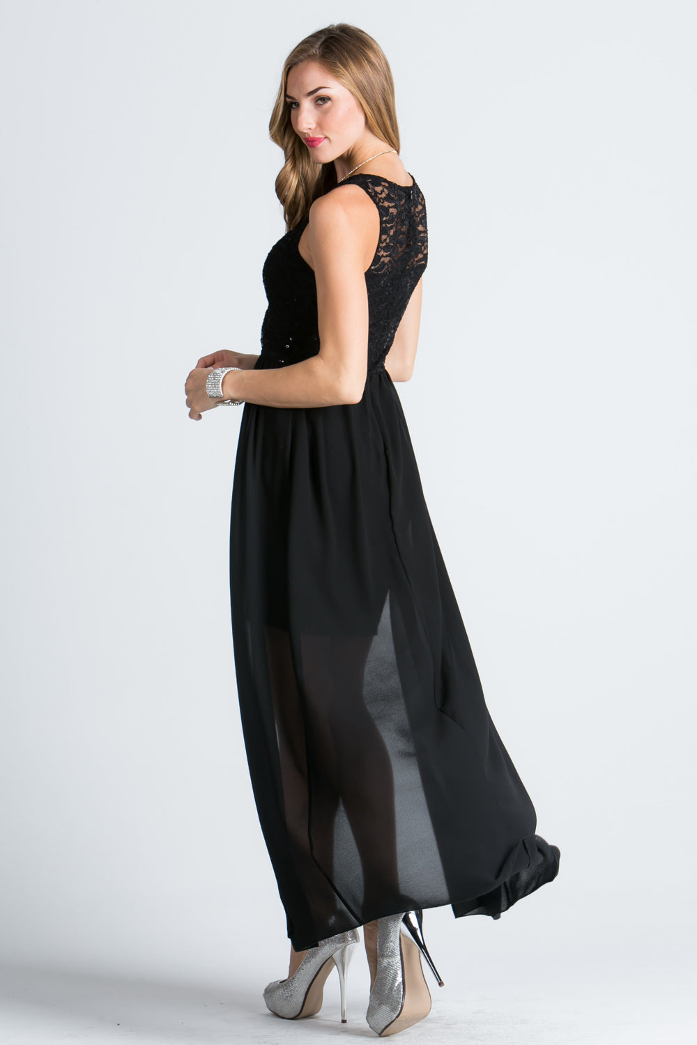 HIGH LOW OVERLAY LACE DRESS.