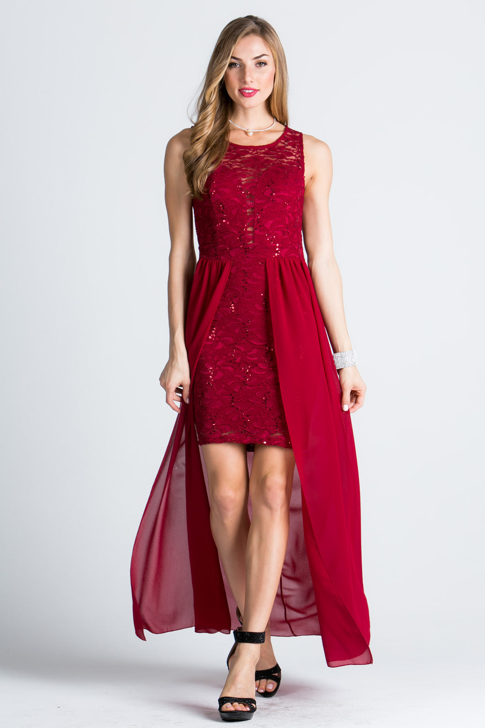 HIGH LOW OVERLAY LACE DRESS.