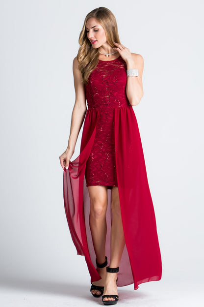 HIGH LOW OVERLAY LACE DRESS.