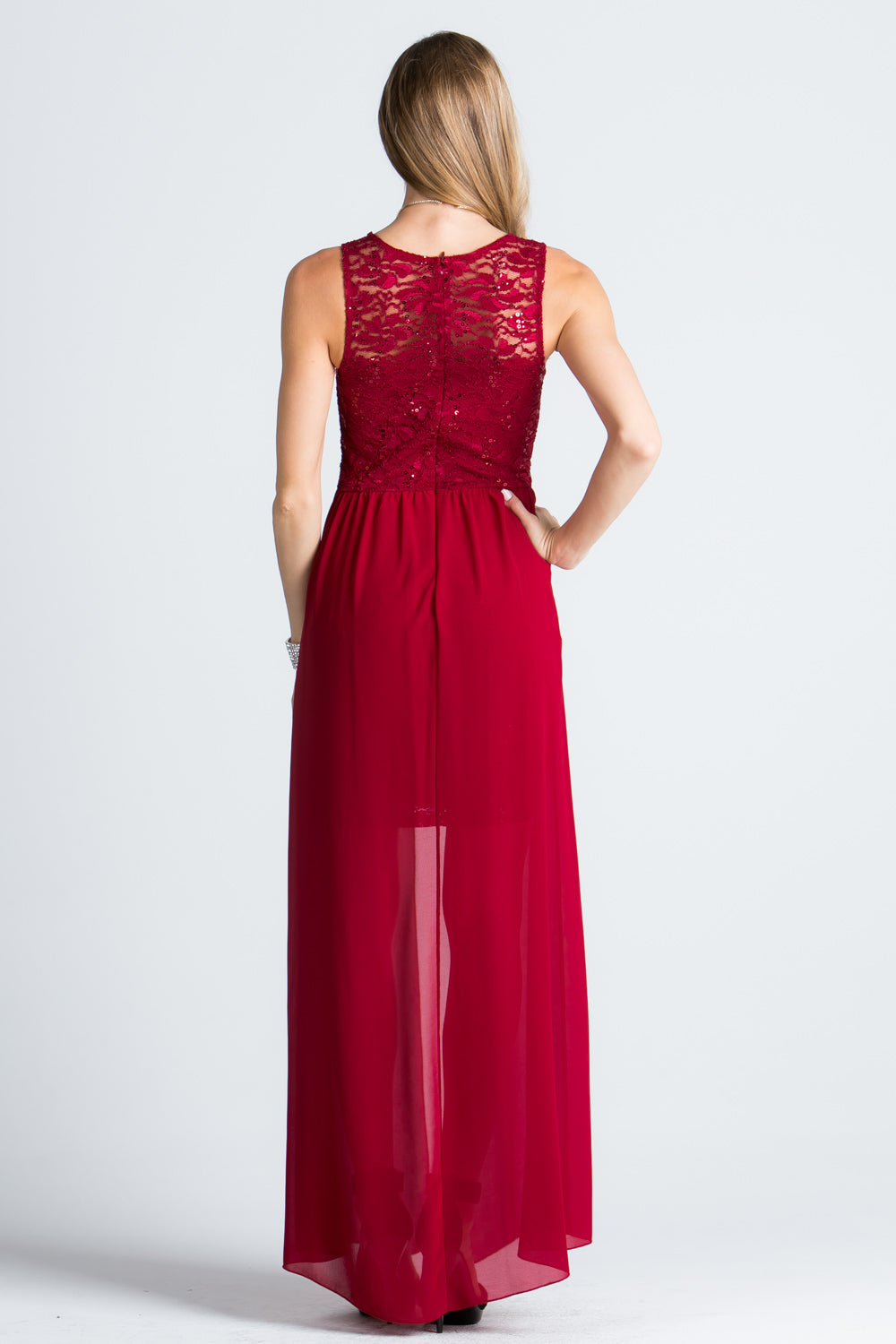 HIGH LOW OVERLAY LACE DRESS.