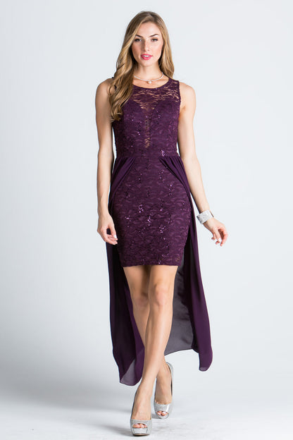 HIGH LOW OVERLAY LACE DRESS.