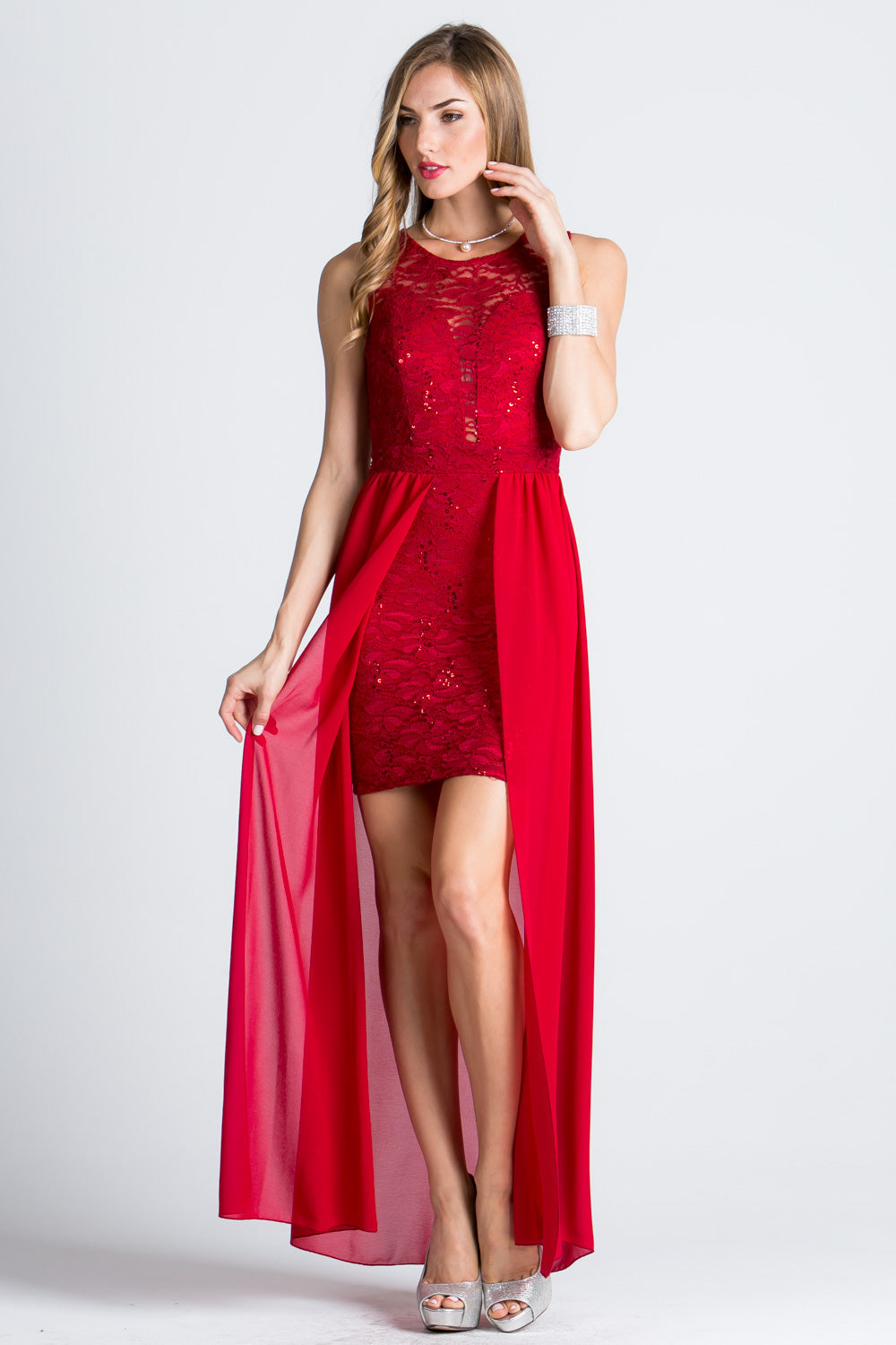 HIGH LOW OVERLAY LACE DRESS.