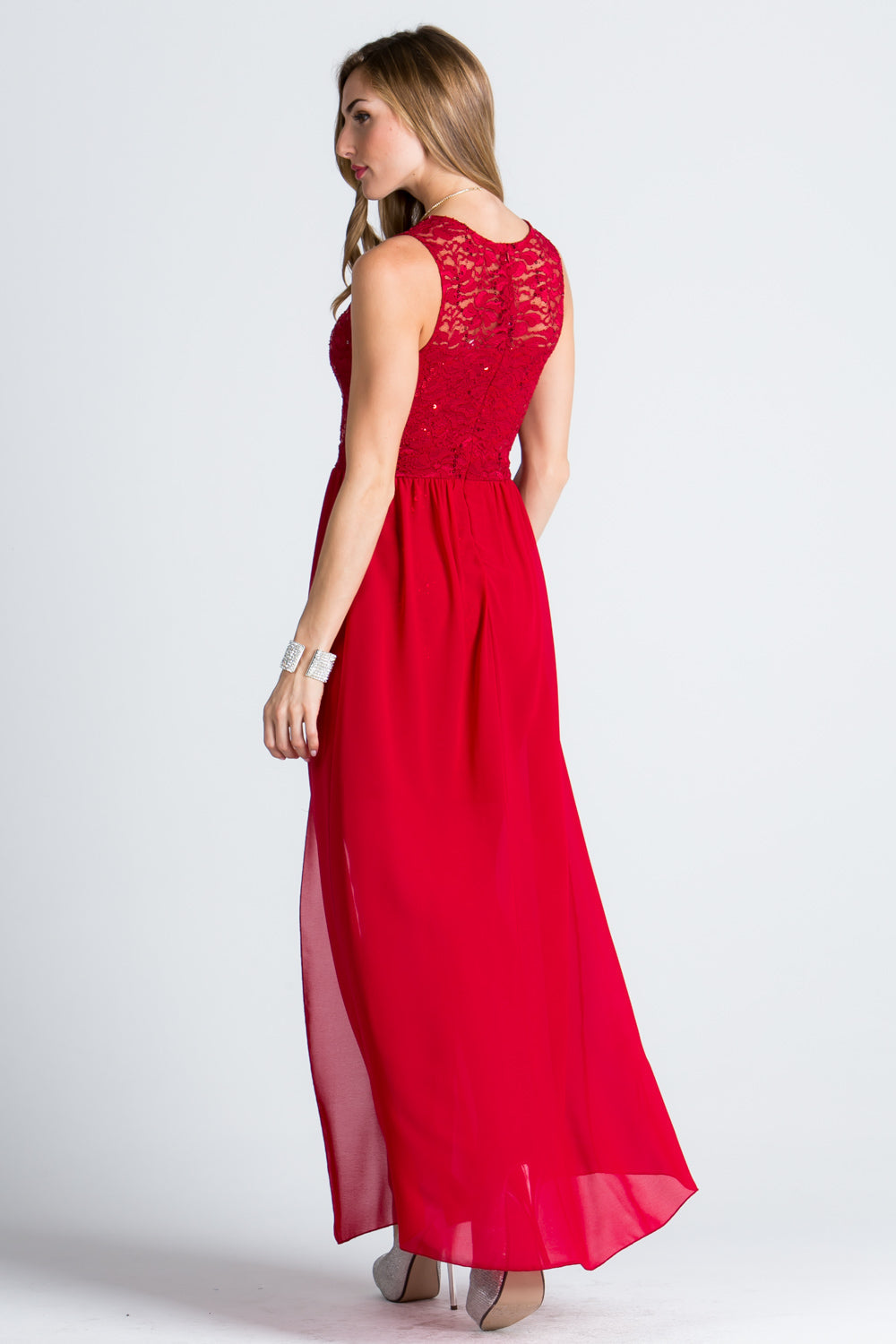 HIGH LOW OVERLAY LACE DRESS.