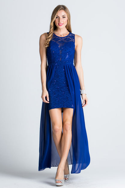 HIGH LOW OVERLAY LACE DRESS.