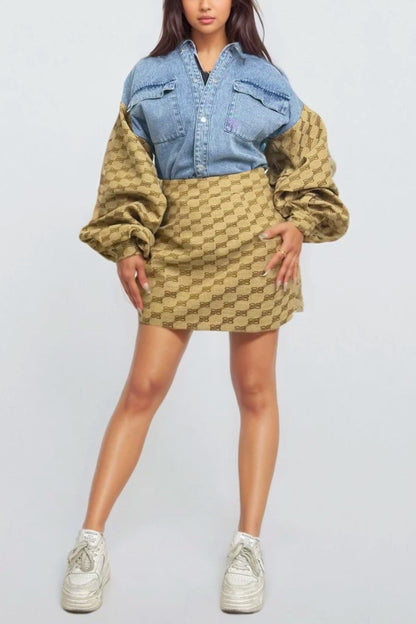 Denim & Monogram Puff Sleeve Two-Piece Set
