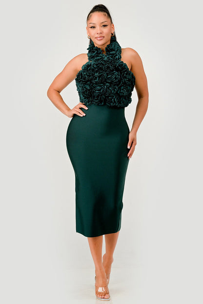 Rose Applique Halter Midi Dress