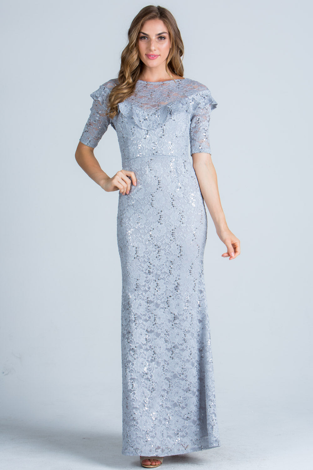 Ruffled mermaid half sleeve sequin lace gown