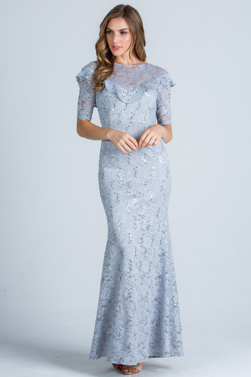Ruffled mermaid half sleeve sequin lace gown