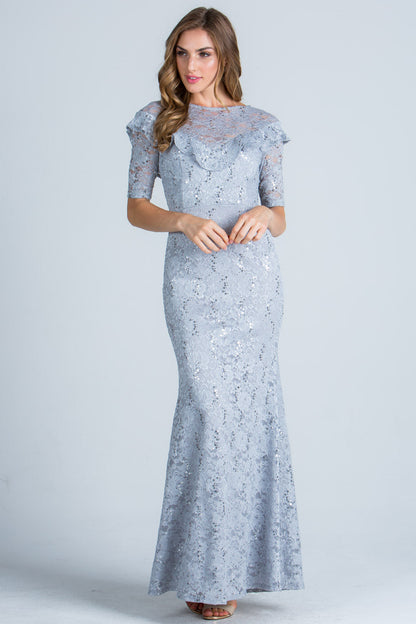 Ruffled mermaid half sleeve sequin lace gown