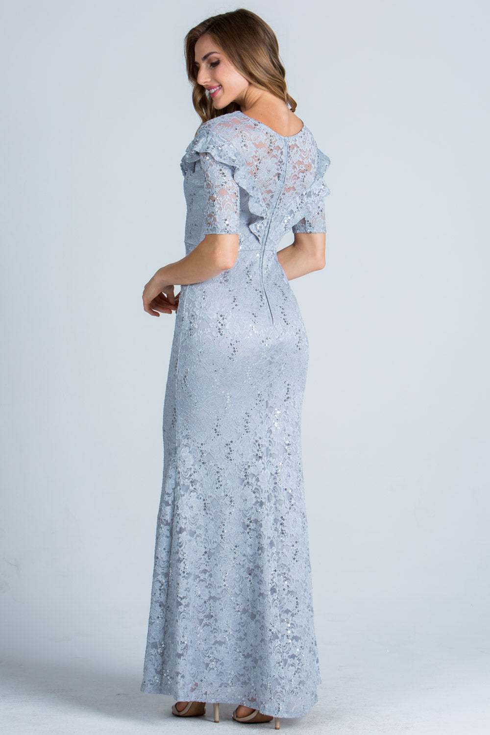 Ruffled mermaid half sleeve sequin lace gown