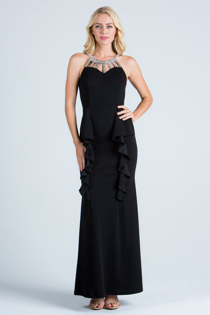 Embellished neck and ruffle detailed crepe gown.