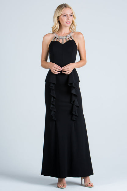 Embellished neck and ruffle detailed crepe gown.