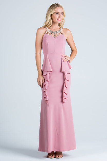 Embellished neck and ruffle detailed crepe gown.