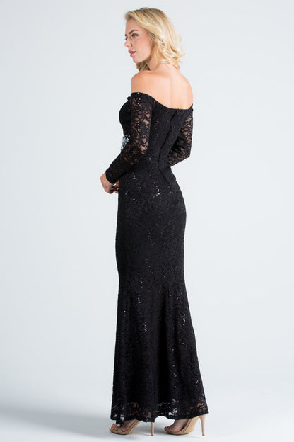 Off the shoulder long sleeve sweetheart sequin lace gown with waist embellishment.