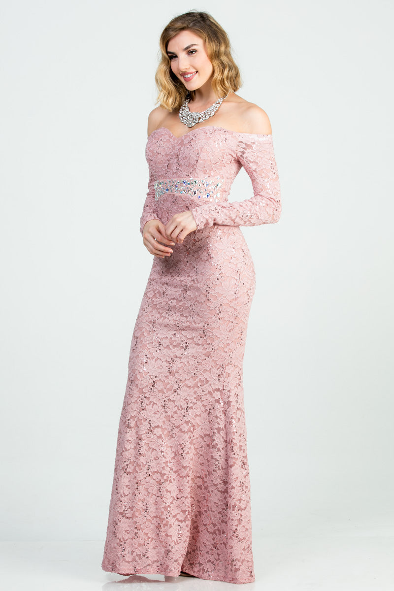 Off the shoulder long sleeve sweetheart sequin lace gown with waist embellishment.