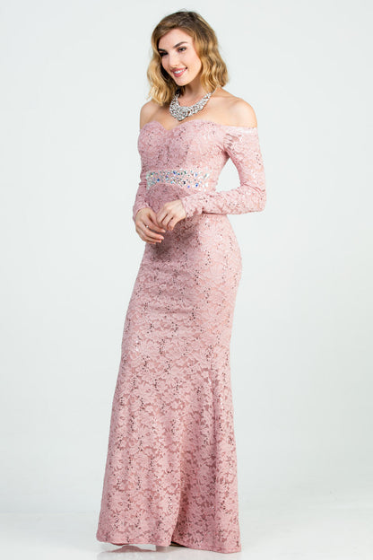 Off the shoulder long sleeve sweetheart sequin lace gown with waist embellishment.