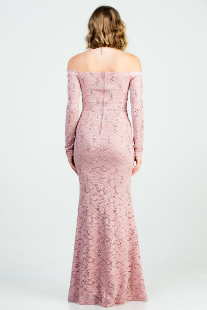Off the shoulder long sleeve sweetheart sequin lace gown with waist embellishment.