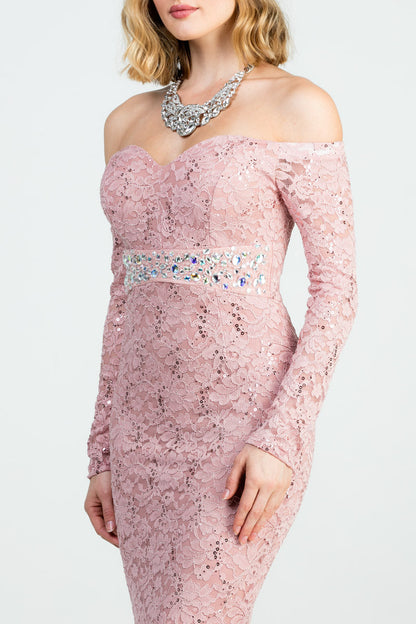 Off the shoulder long sleeve sweetheart sequin lace gown with waist embellishment.
