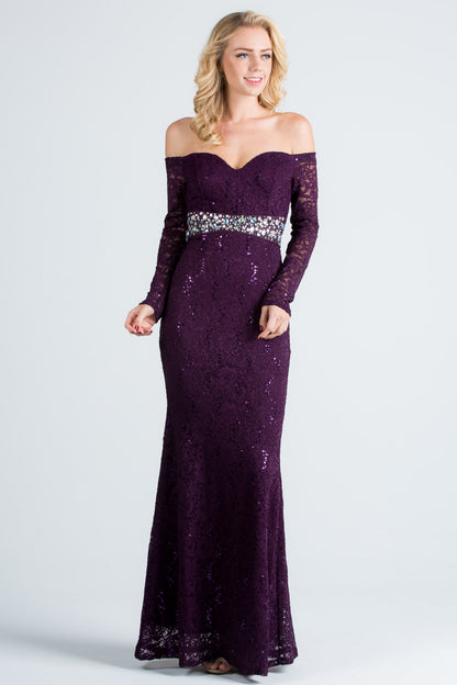 Off the shoulder long sleeve sweetheart sequin lace gown with waist embellishment.