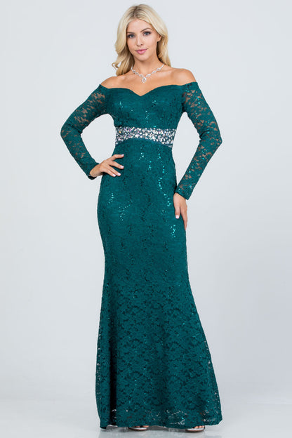 Off the shoulder long sleeve sweetheart sequin lace gown with waist embellishment.