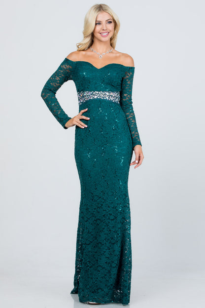 Off the shoulder long sleeve sweetheart sequin lace gown with waist embellishment.